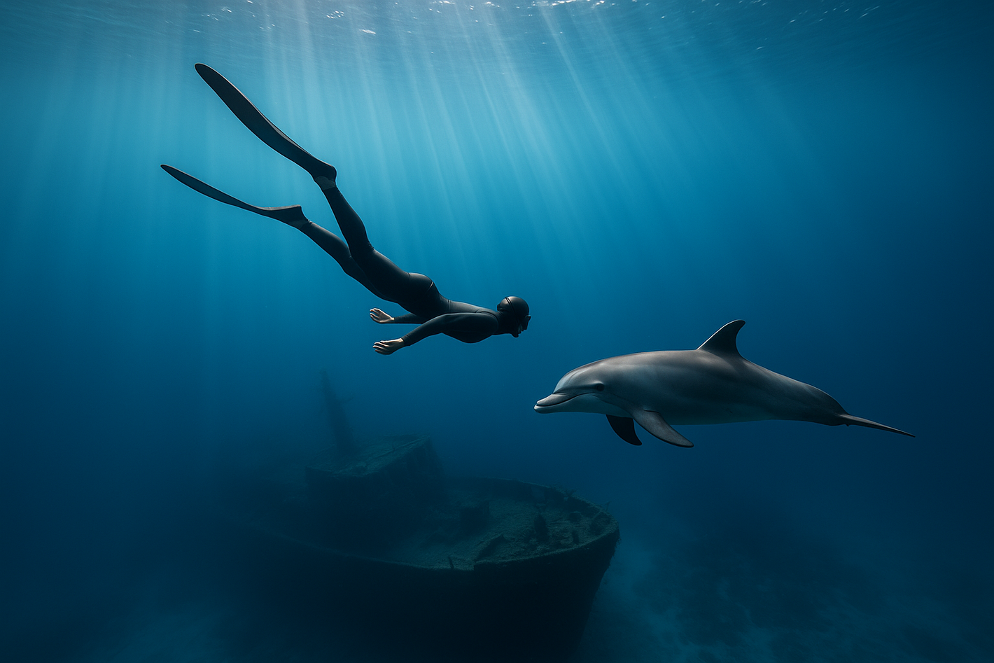 Apnoetaucher auf dem Weg zu einem Schiffswrack auf 25m Tiefe begleitet von einem Delfin