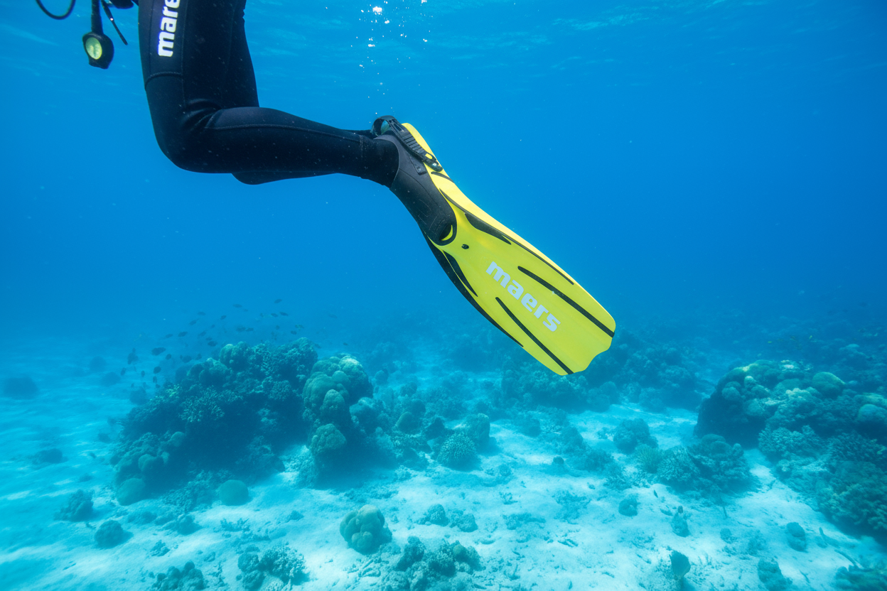 Bein eines Tauchers mit Mares Flosse