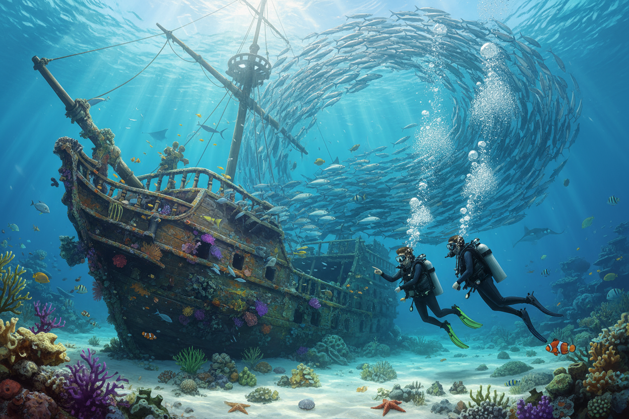 Ein Paar Taucher vor einem Wrack in kristallblauem Wasser mit Fischen im Hintergrund