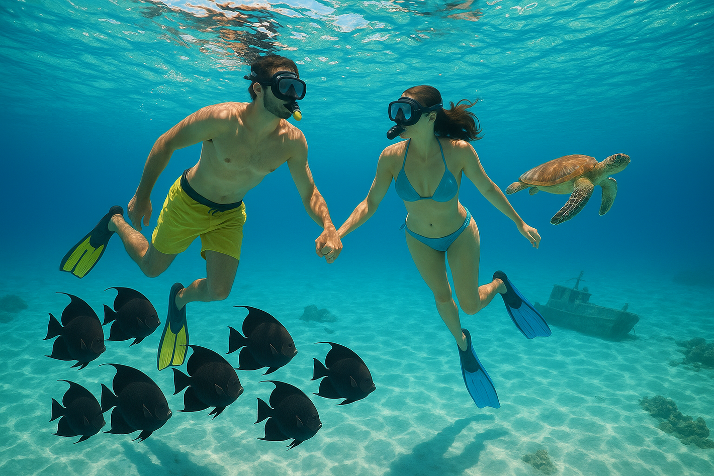ein schnorchelndes Pärchen in einer blauen Lagune mit einem schwamr Kaiserfischen und einer Schildkröte im Hintergrund ein kleines Schiffswrack