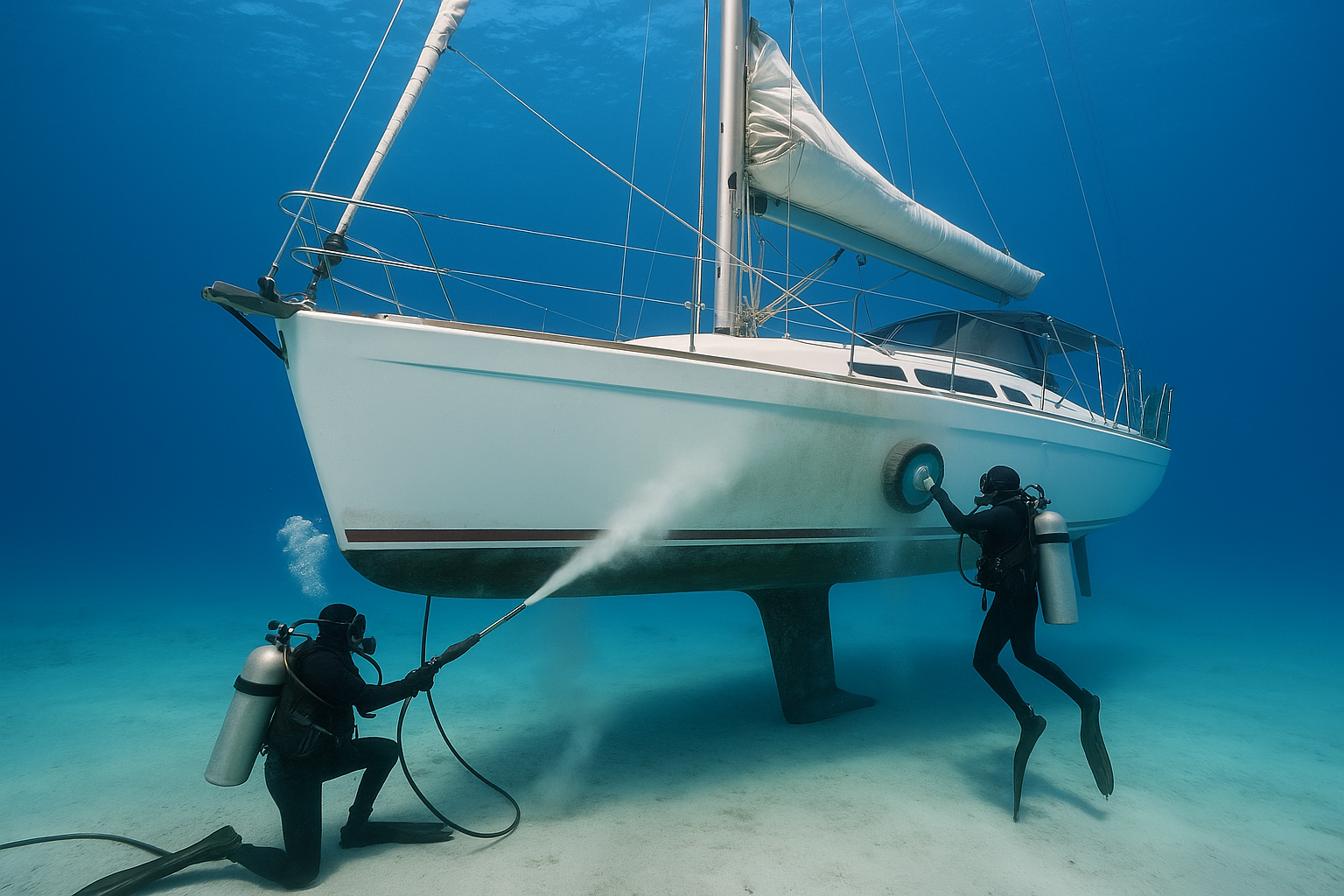 Ein Segelboot wird unter wasser gereinigt