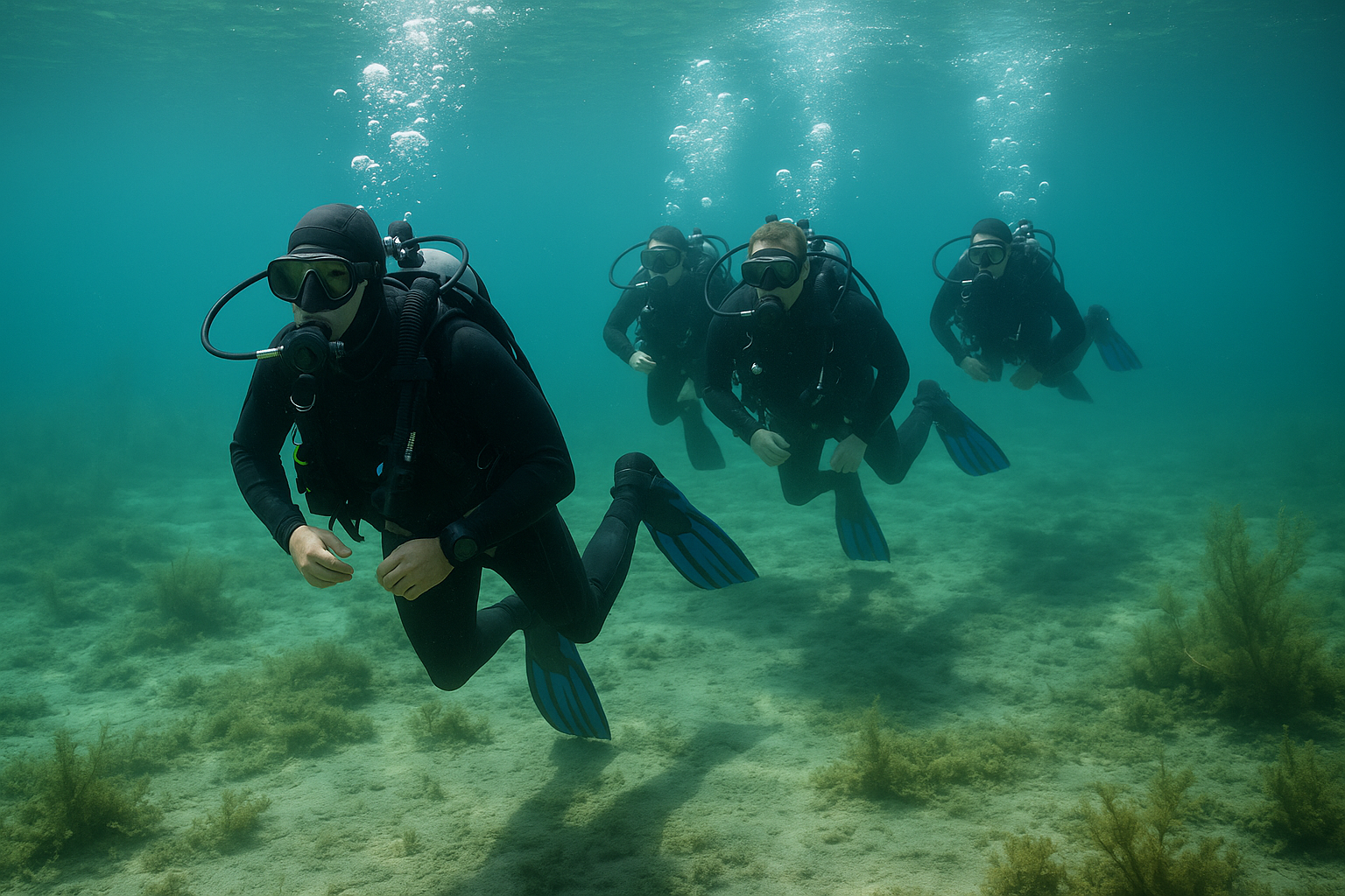Tauchschüler schwimmen hinter demTauchlehrer im Bodensee her