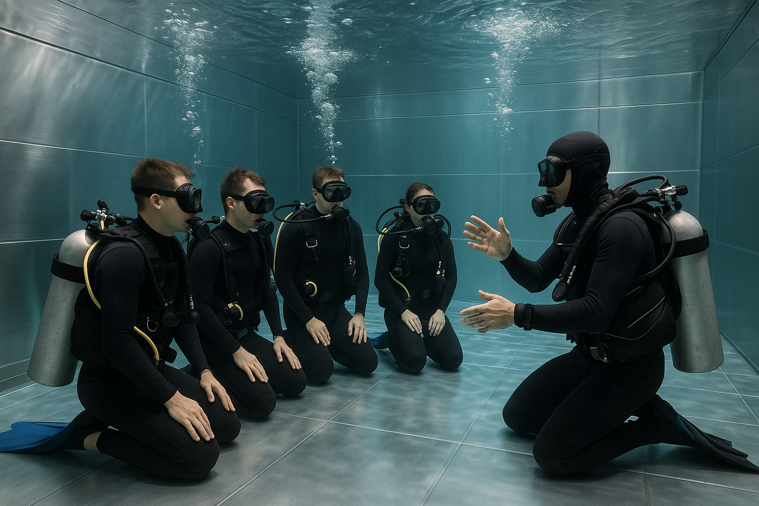 Tauchschüler sitzen in einem Edelstahlschwimmbecken auf den Knieen und sehen zum Tauchlehrer